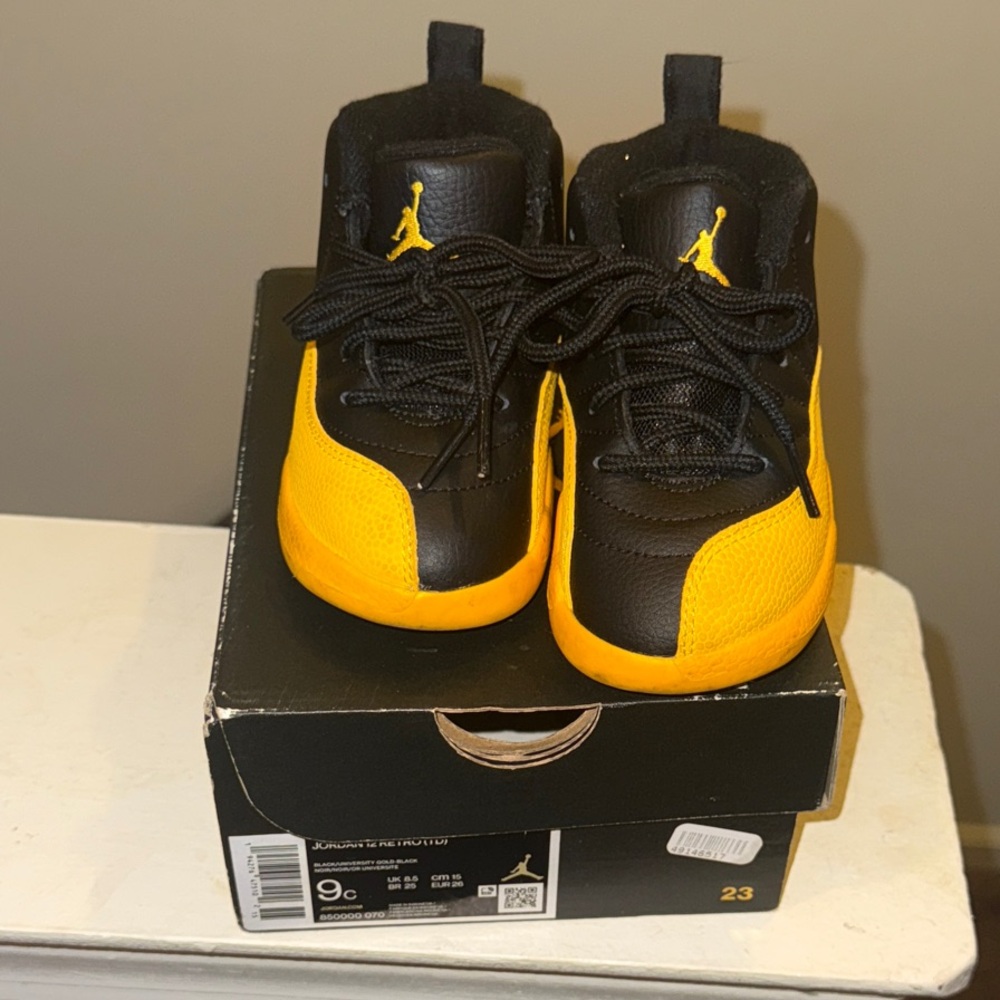 Jordan 12 Retro Toddler Sneakers in Black and Yellow